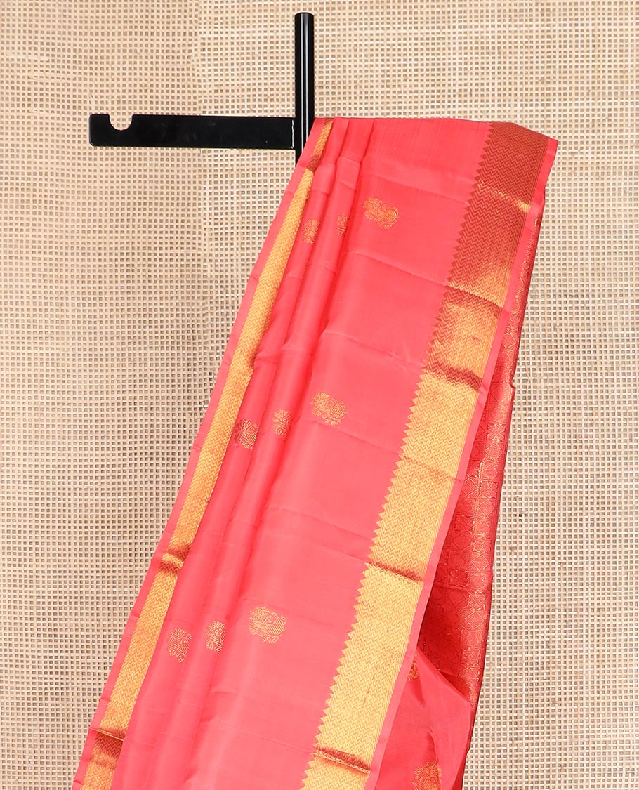 Pink zari buttas Kanchipuram silk saree, zari border of rekku, banaras, and vanki designs, and pallu of buttas enclosed checks - Image 4