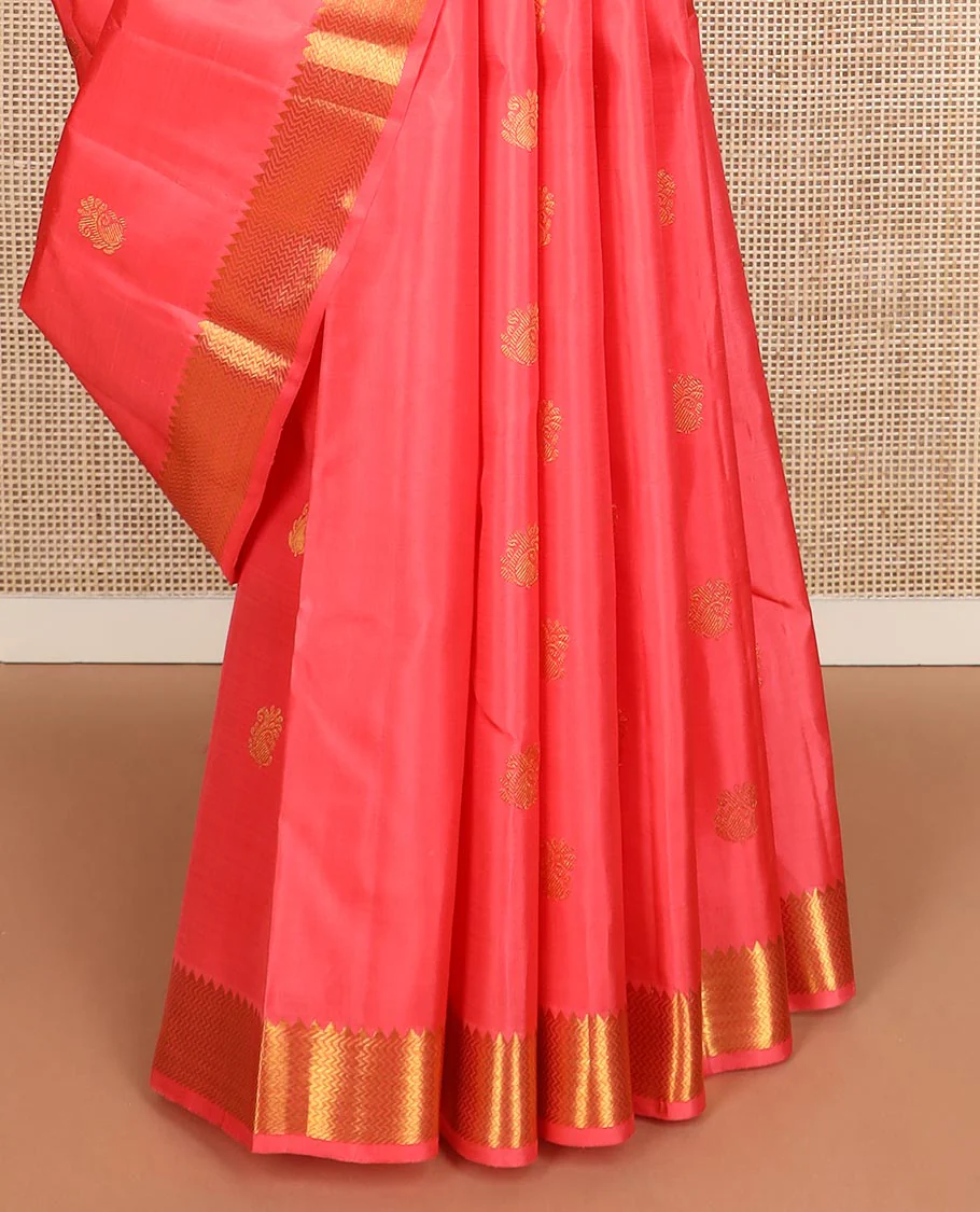 Pink zari buttas Kanchipuram silk saree, zari border of rekku, banaras, and vanki designs, and pallu of buttas enclosed checks - Image 5