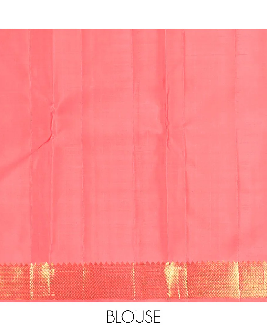 Pink zari buttas Kanchipuram silk saree, zari border of rekku, banaras, and vanki designs, and pallu of buttas enclosed checks - Image 6