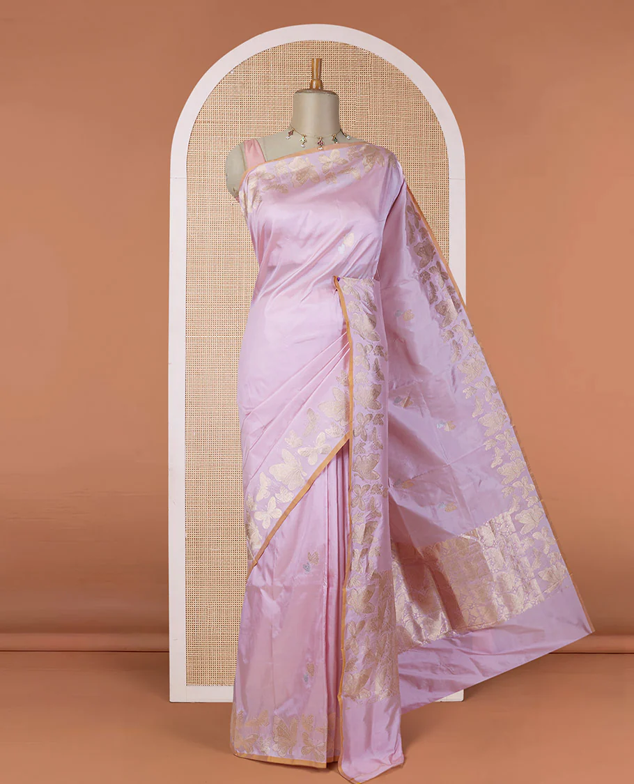 Pink zari buttas katan silk saree, zari border & pallu steeped with delicately woven butterfly motifs - Image 2