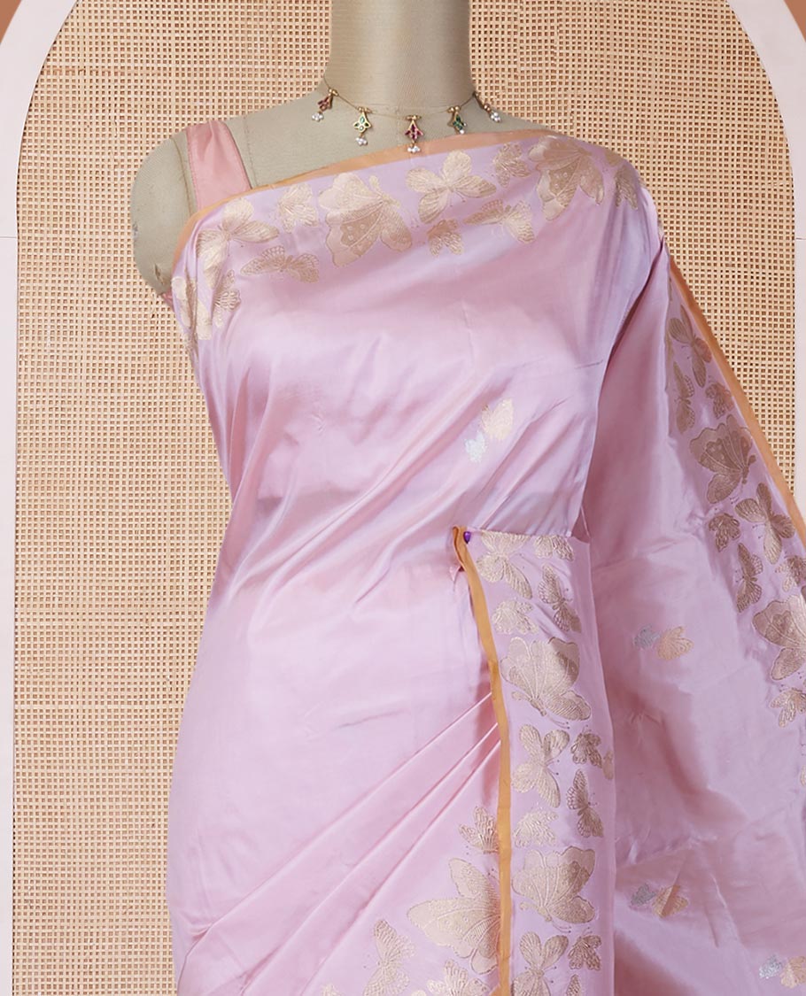 Pink zari buttas katan silk saree, zari border & pallu steeped with delicately woven butterfly motifs - Image 3