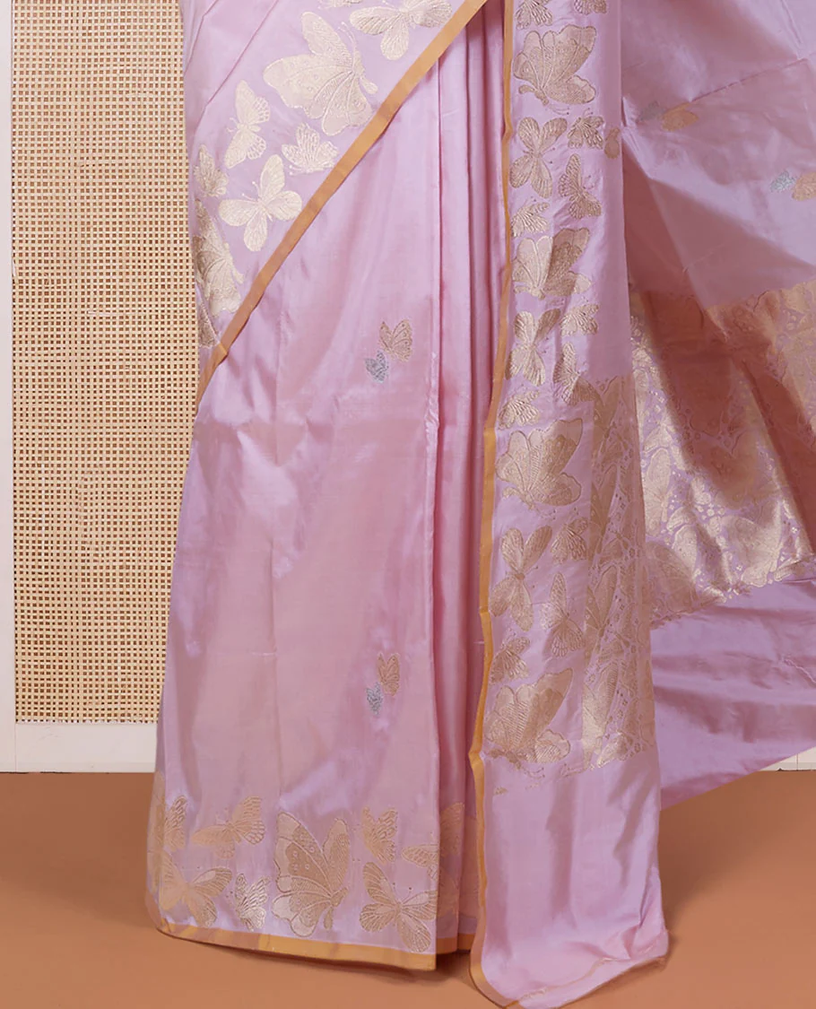 Pink zari buttas katan silk saree, zari border & pallu steeped with delicately woven butterfly motifs - Image 4