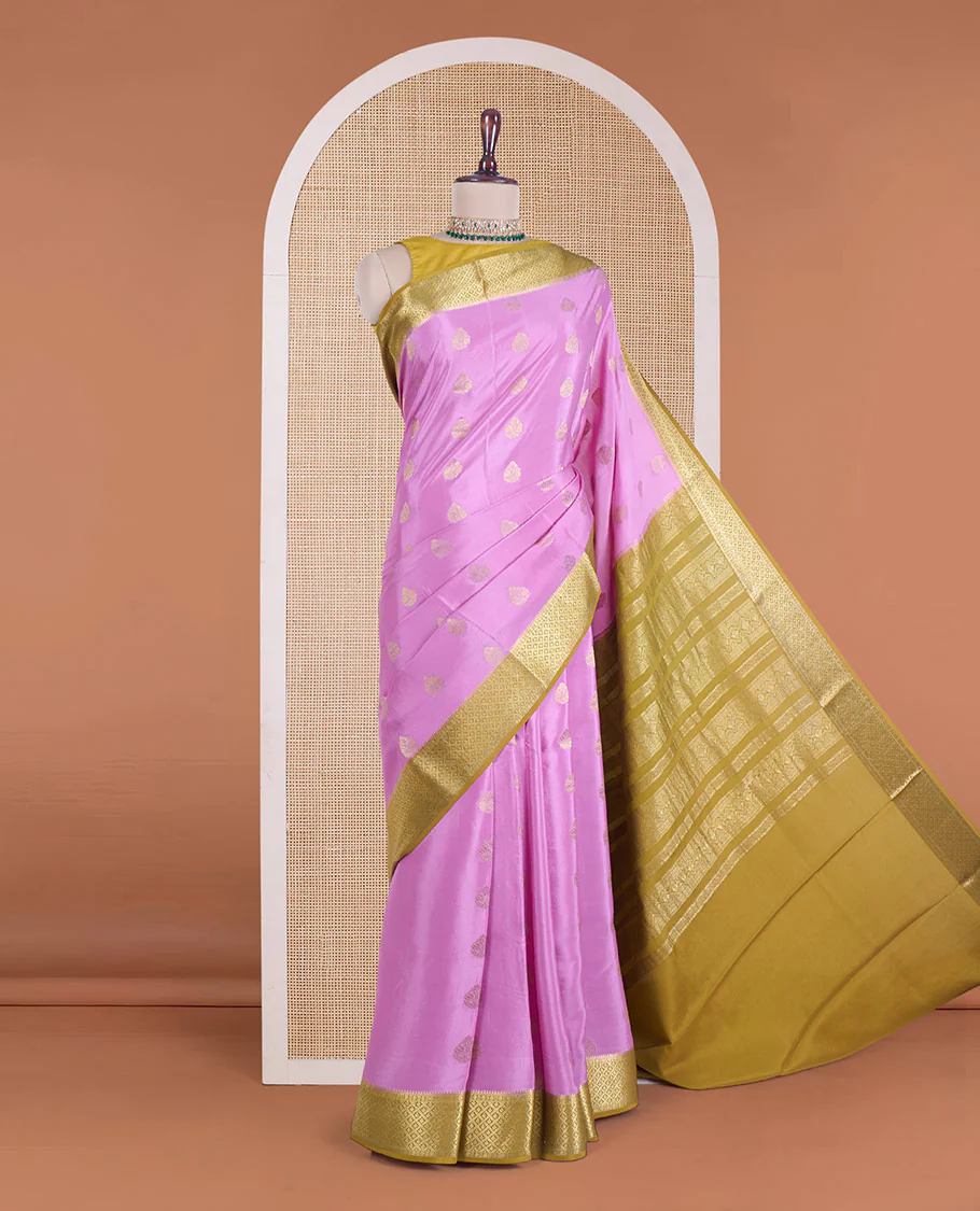Pink zari buttas Mysore silk saree, contrast jaal border, and pallu steeped with traditional zari designs - Image 2