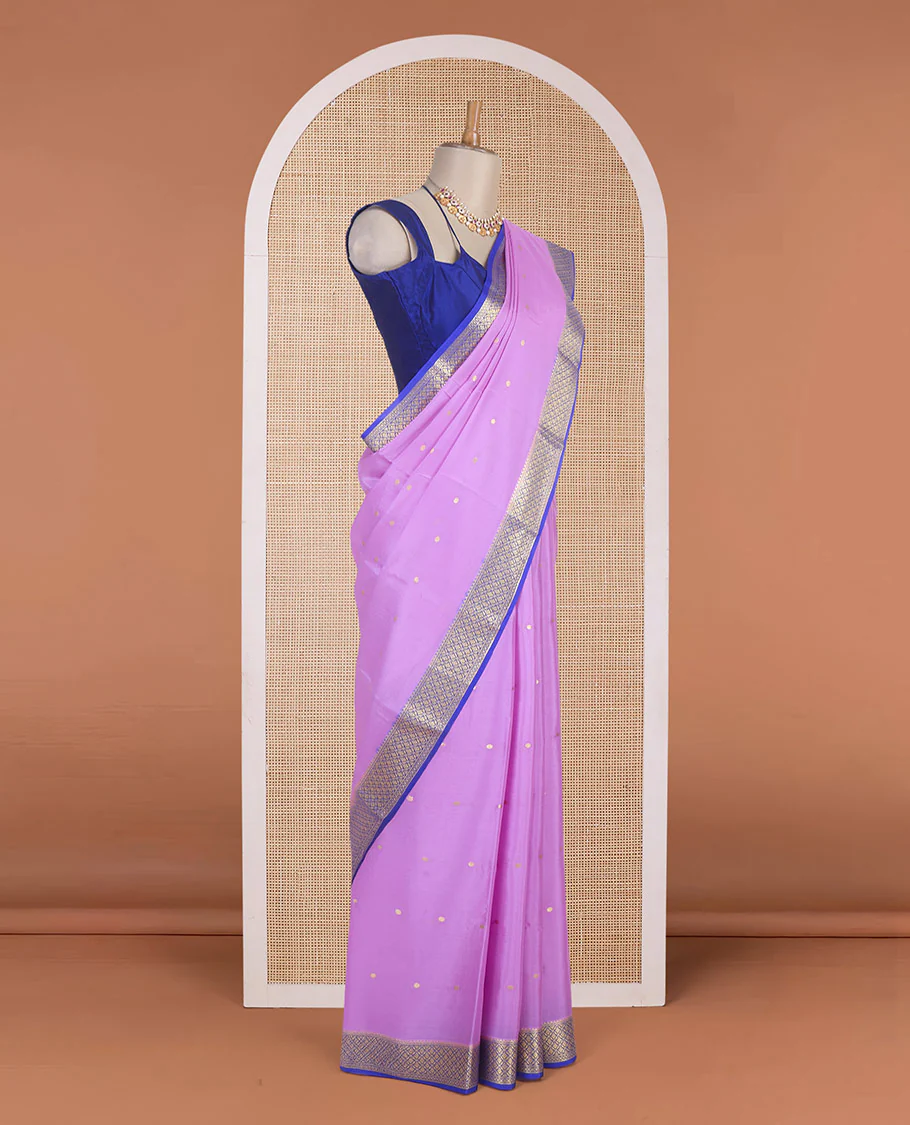 Pink zari buttas Mysore silk saree, contrast jaal design zari border & pallu of jaal design
