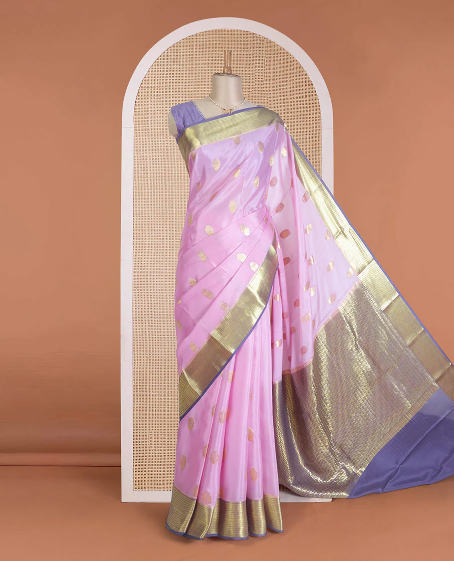 Pink zari buttas Mysore silk saree, contrast traditional zari border, and pallu of chevron designs - Image 2