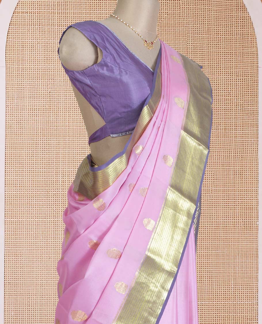 Pink zari buttas Mysore silk saree, contrast traditional zari border, and pallu of chevron designs - Image 3