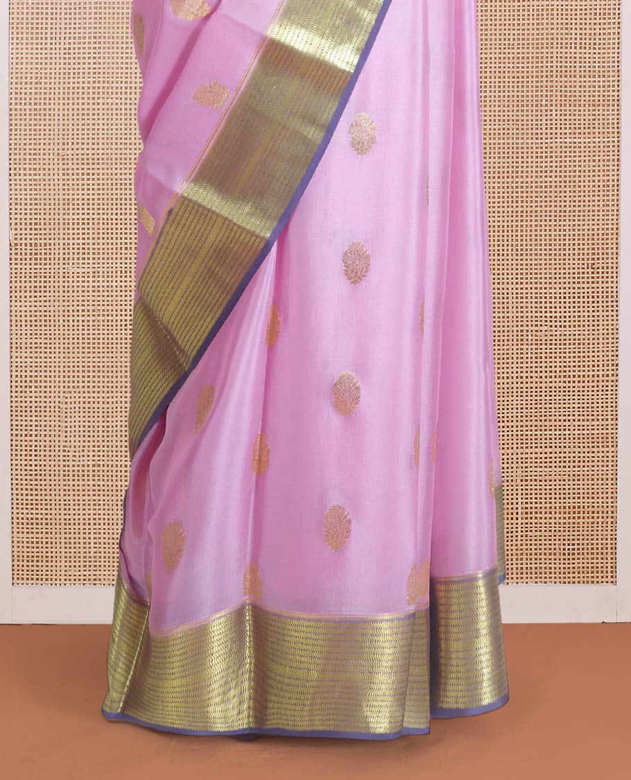 Pink zari buttas Mysore silk saree, contrast traditional zari border, and pallu of chevron designs - Image 4