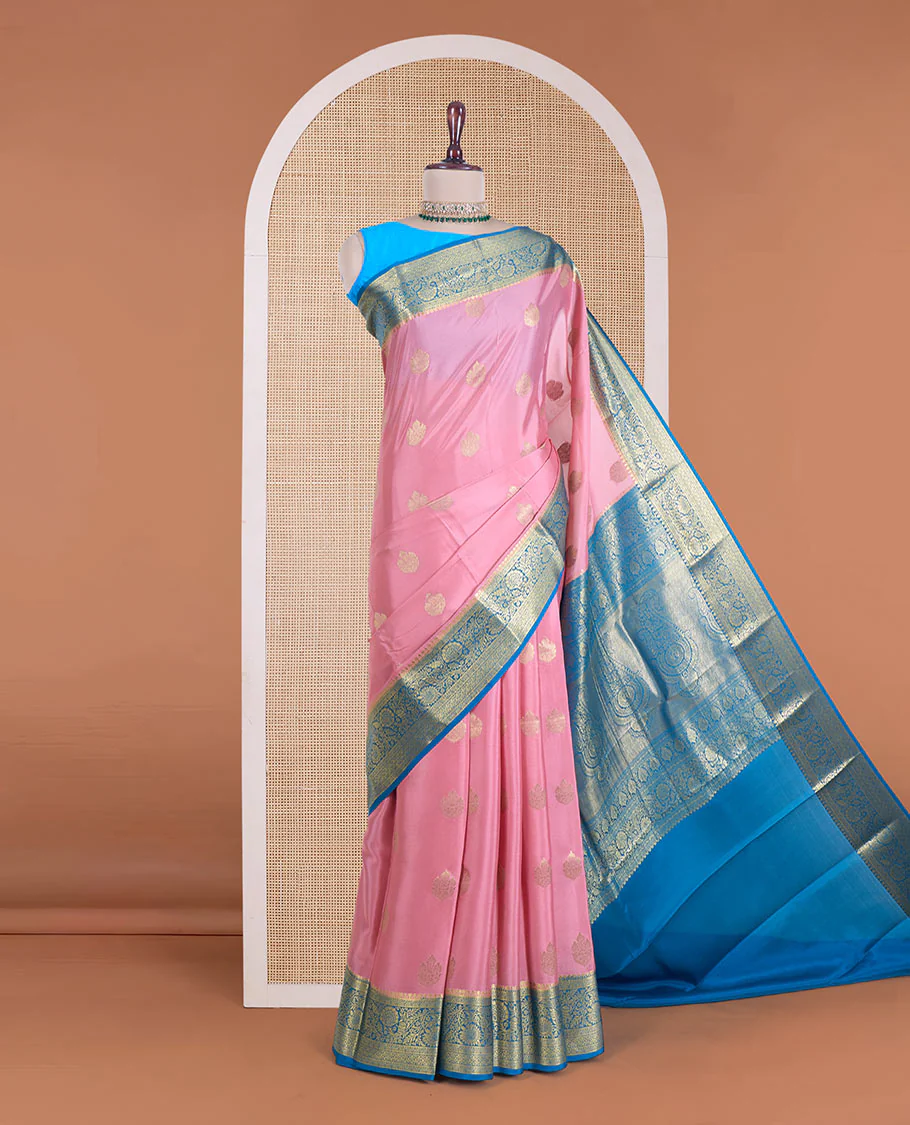 Pink zari buttas Mysore silk saree, contrast traditional zari border of floral creeper designs, and pallu of big paisleys - Image 2