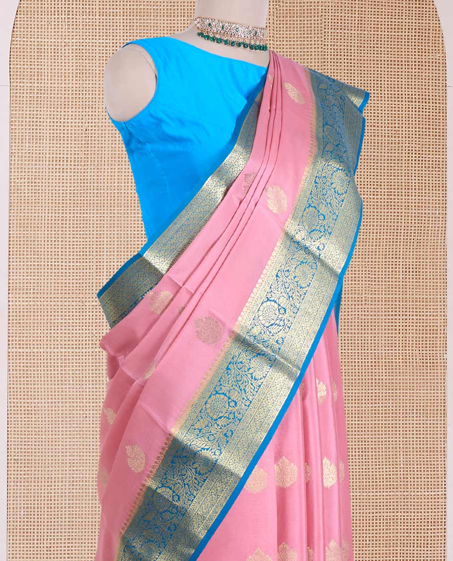 Pink zari buttas Mysore silk saree, contrast traditional zari border of floral creeper designs, and pallu of big paisleys - Image 3
