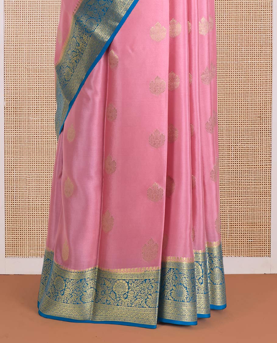 Pink zari buttas Mysore silk saree, contrast traditional zari border of floral creeper designs, and pallu of big paisleys - Image 4