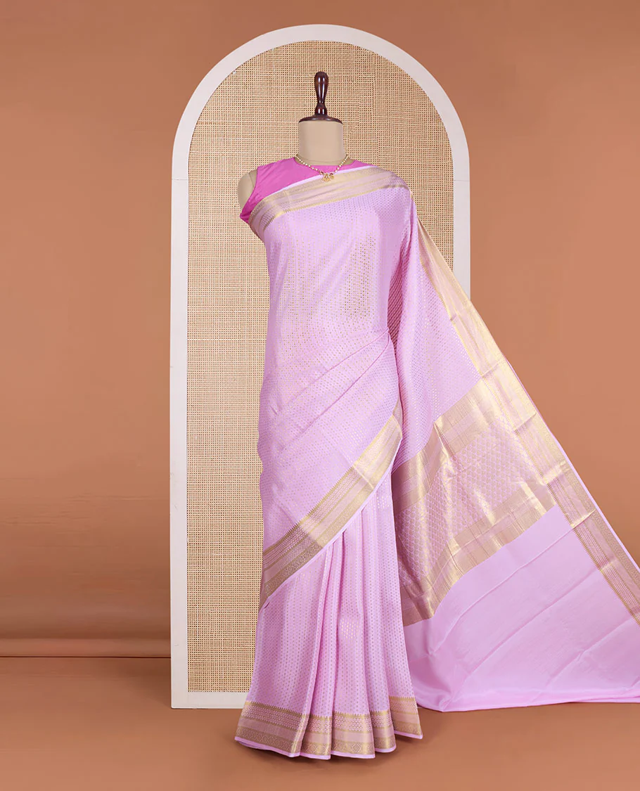 Pink zari buttas Mysore silk saree, traditional zari design border, and pallu steeped with thilakam motifs - Image 2