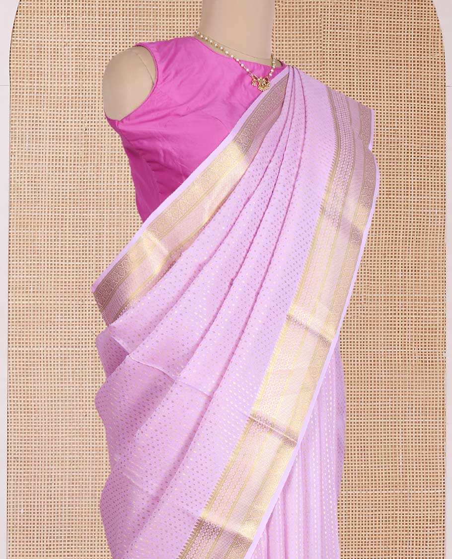 Pink zari buttas Mysore silk saree, traditional zari design border, and pallu steeped with thilakam motifs - Image 3