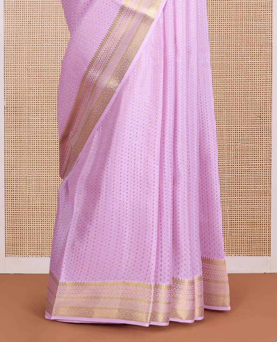 Pink zari buttas Mysore silk saree, traditional zari design border, and pallu steeped with thilakam motifs - Image 4