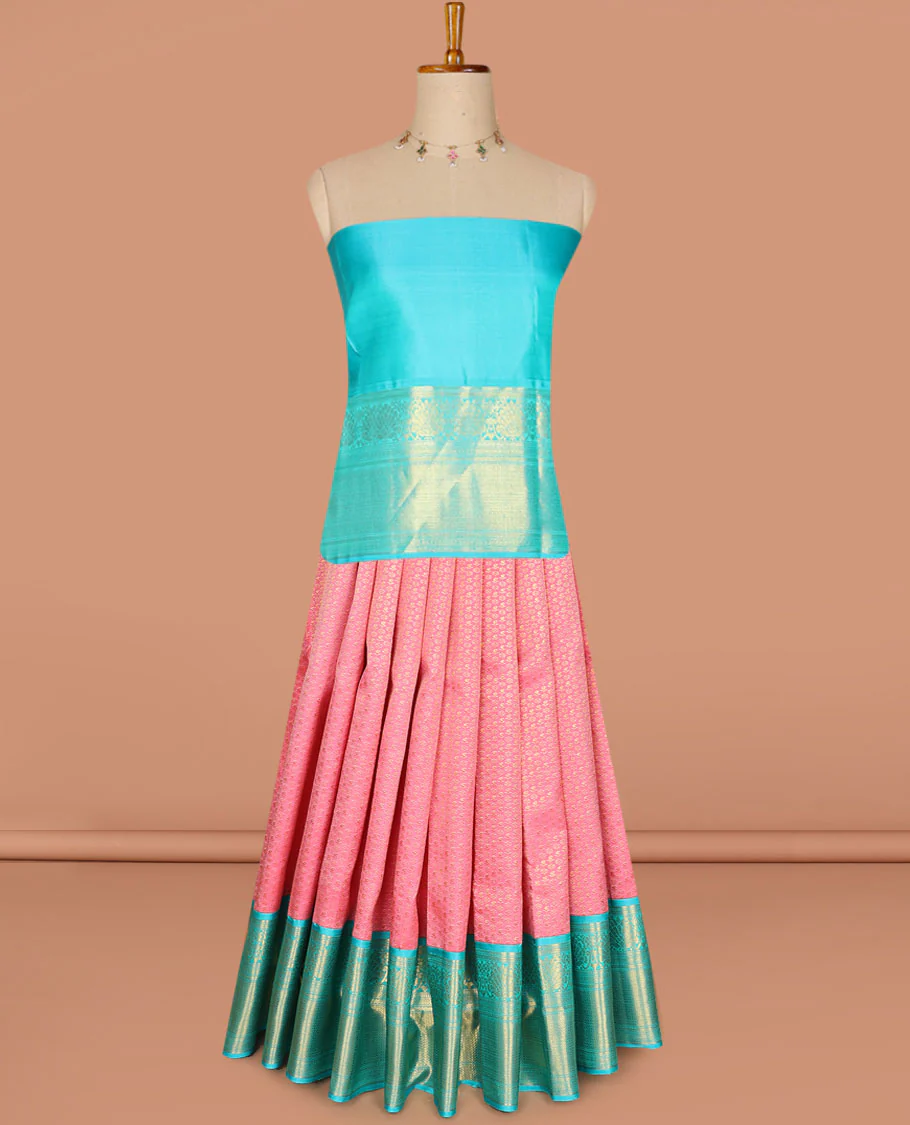Pink zari buttas pure-silk half saree, contrast border & blouse of dhavana kodi,muthu, neli & then kuli kann design, zari design dhavani - Image 3
