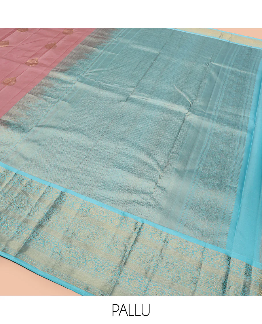 Pink zari buttas Vasundhara silk saree, contrast border of kodi visiry, and kodi manga designs, and jaal pallu - Image 5