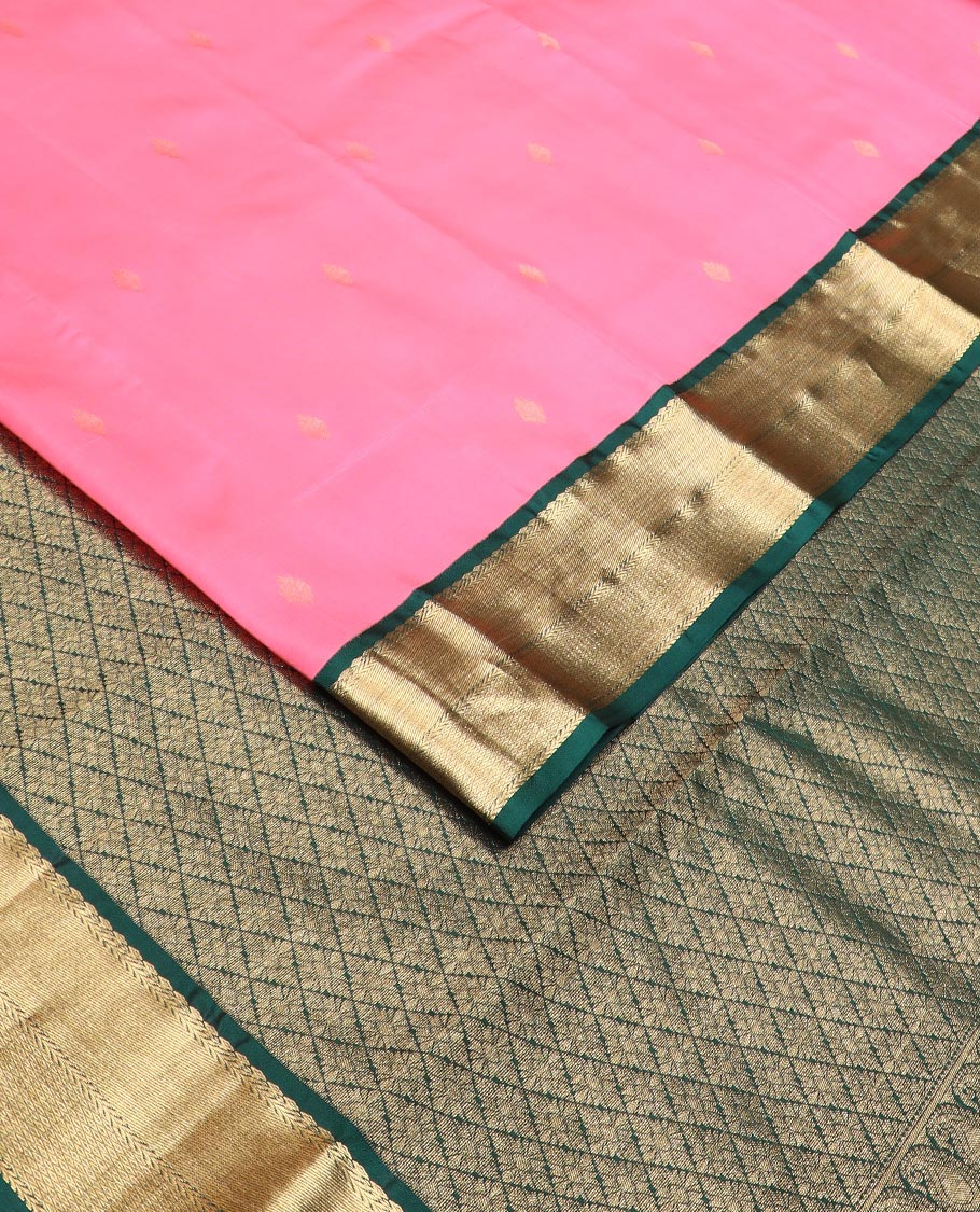 Pink zari buttas Vasundhara silk saree, contrast border of salngai, kathir, and mayil kann designs, and jaal pallu - Image 2