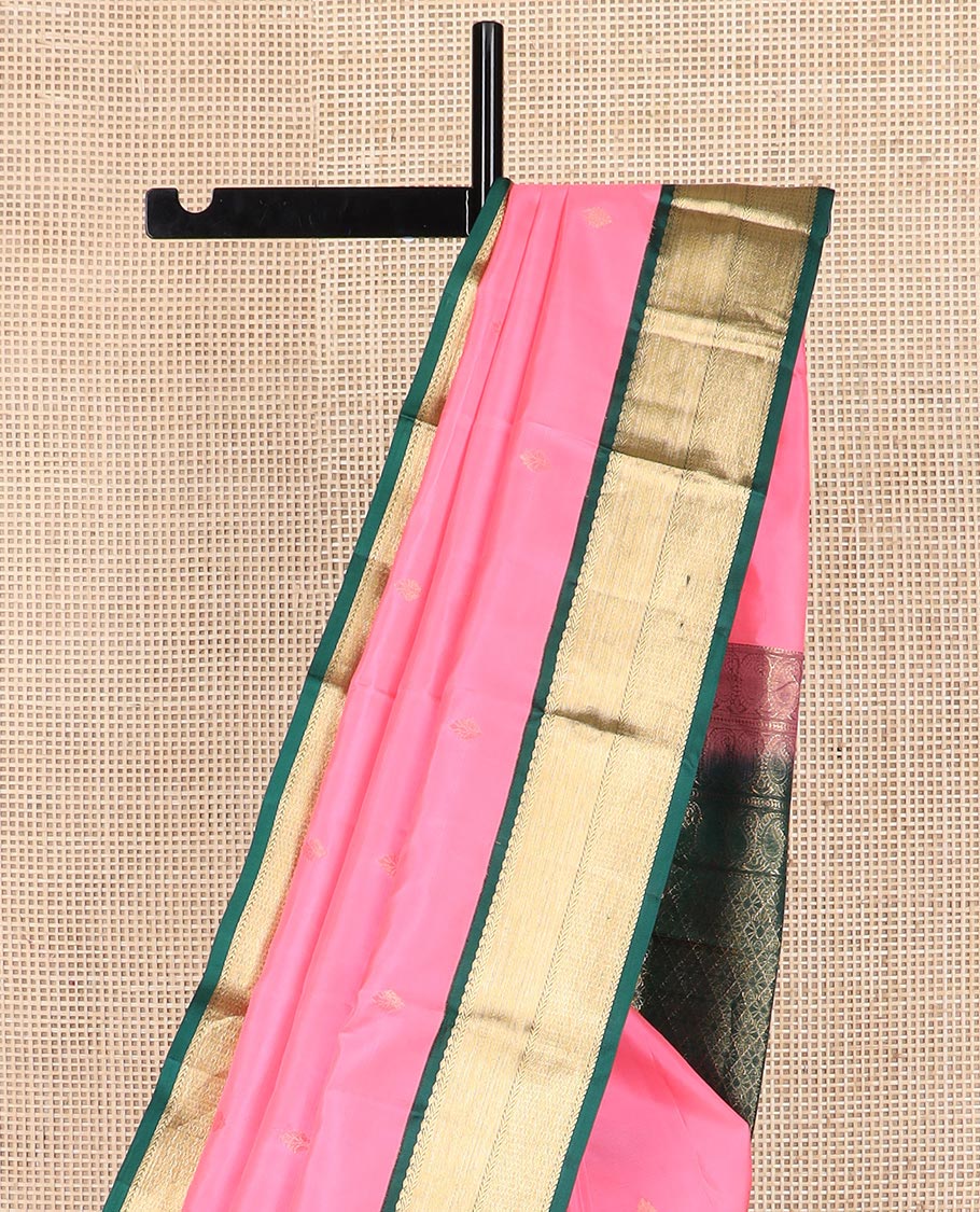 Pink zari buttas Vasundhara silk saree, contrast border of salngai, kathir, and mayil kann designs, and jaal pallu - Image 3