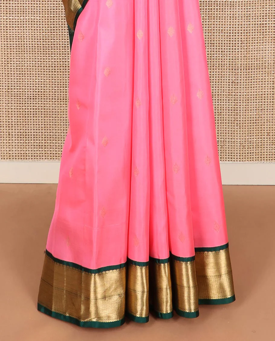 Pink zari buttas Vasundhara silk saree, contrast border of salngai, kathir, and mayil kann designs, and jaal pallu - Image 4