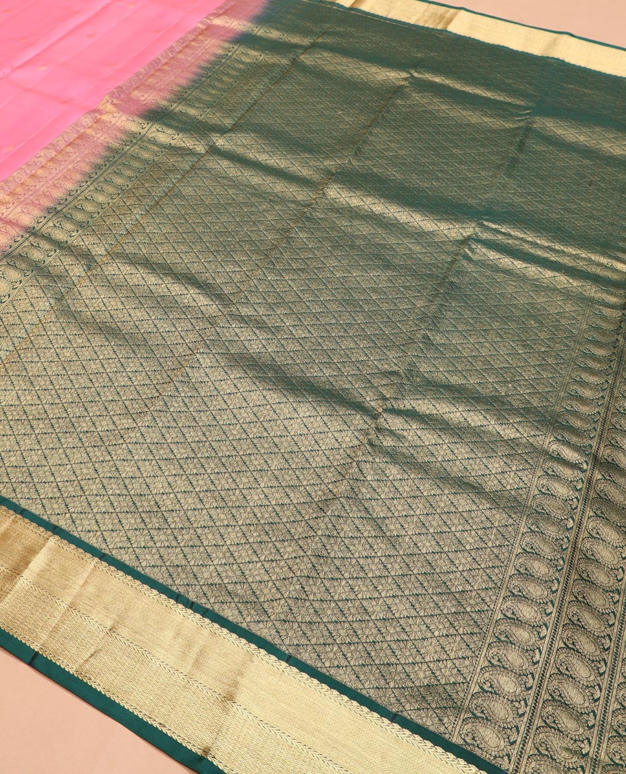 Pink zari buttas Vasundhara silk saree, contrast border of salngai, kathir, and mayil kann designs, and jaal pallu - Image 5
