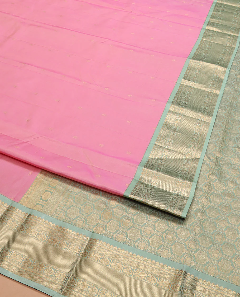 Pink zari buttas Vasundhara silk saree, contrast border of thilakam mokku, jaal, manga, and mayil designs, and Mughal-style intricate pallu - Image 2