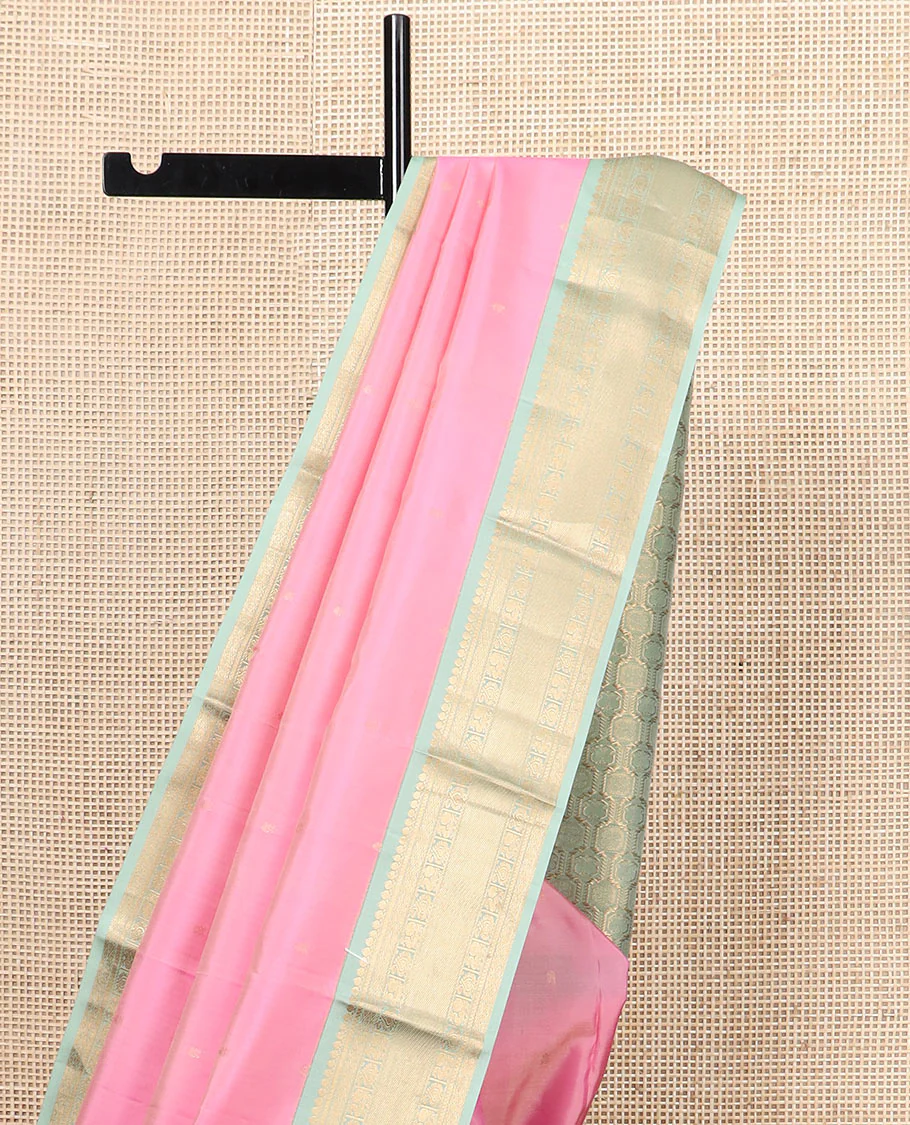 Pink zari buttas Vasundhara silk saree, contrast border of thilakam mokku, jaal, manga, and mayil designs, and Mughal-style intricate pallu - Image 3