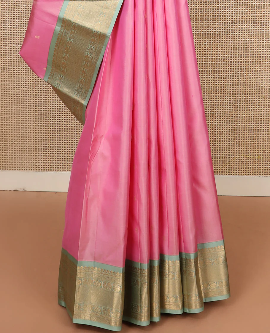 Pink zari buttas Vasundhara silk saree, contrast border of thilakam mokku, jaal, manga, and mayil designs, and Mughal-style intricate pallu - Image 4