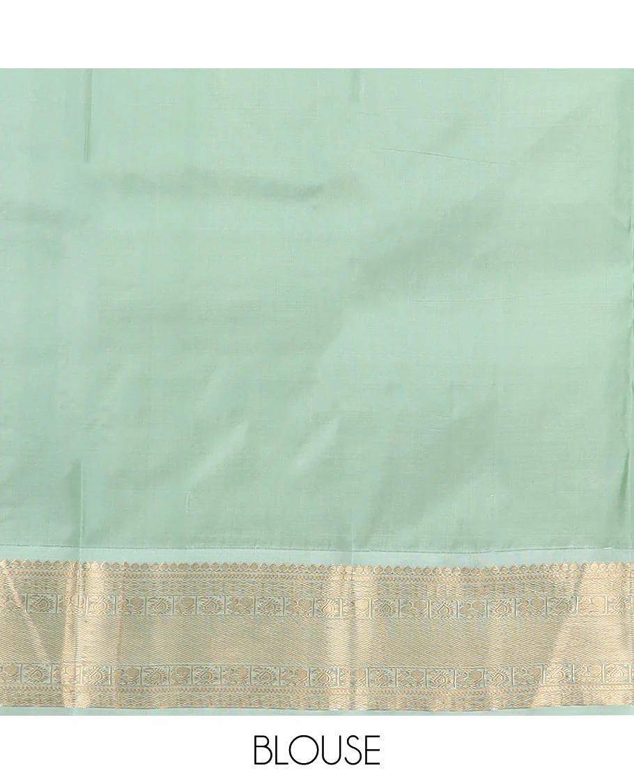 Pink zari buttas Vasundhara silk saree, contrast border of thilakam mokku, jaal, manga, and mayil designs, and Mughal-style intricate pallu - Image 6