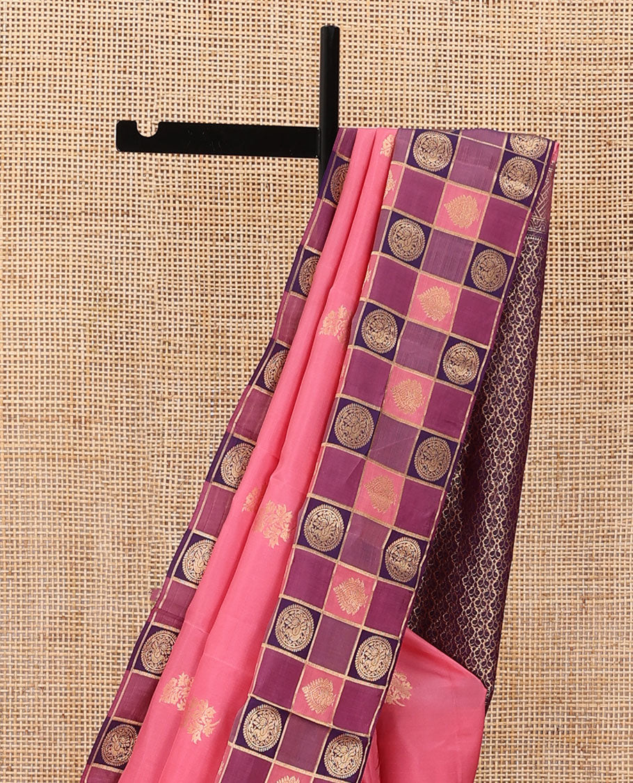 Pink zari buttas silk saree, contrast thazampoo rekku anna chakram enclosed multi-color checked border & zari woven pallu - Image 4