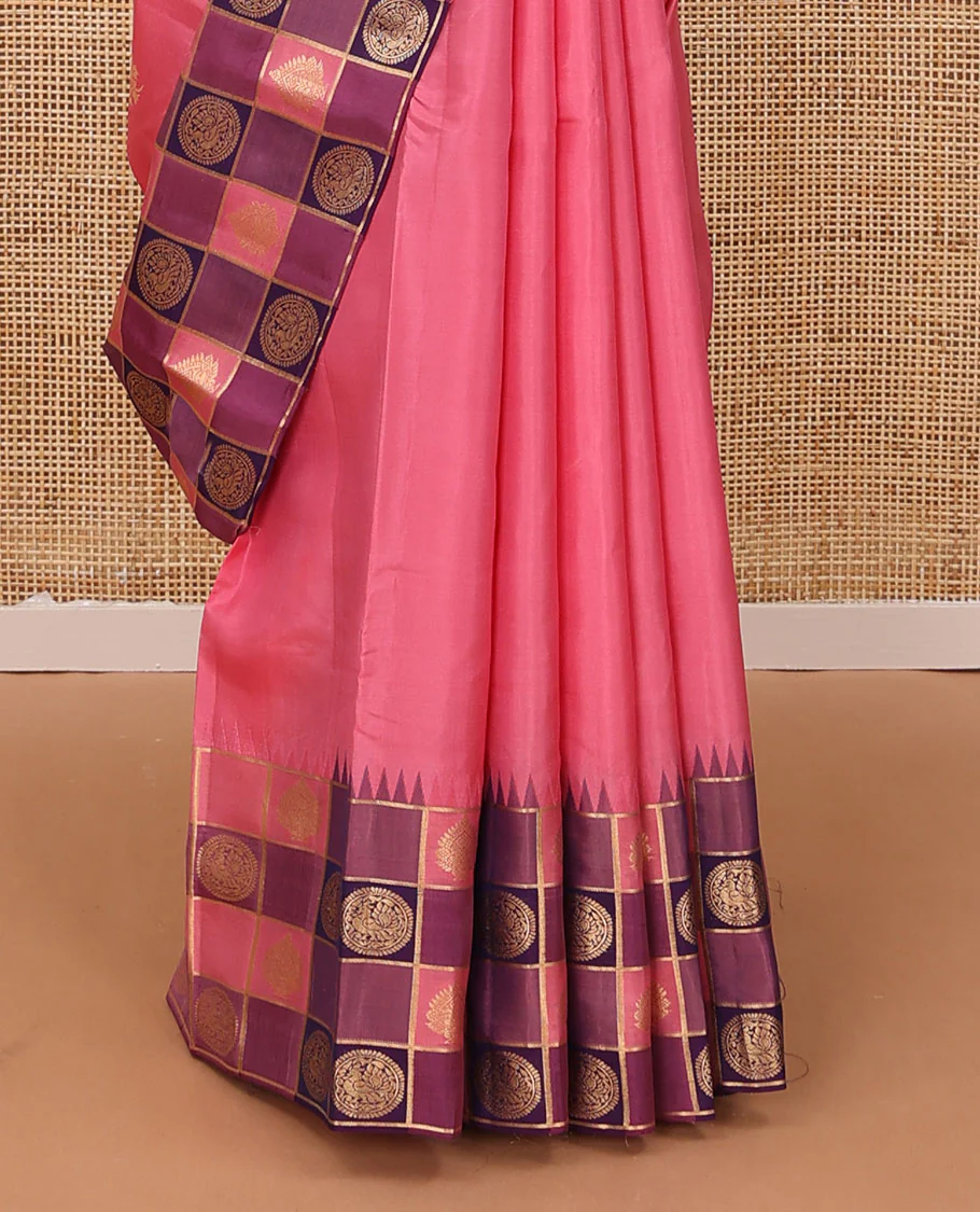 Pink zari buttas silk saree, contrast thazampoo rekku anna chakram enclosed multi-color checked border & zari woven pallu - Image 5