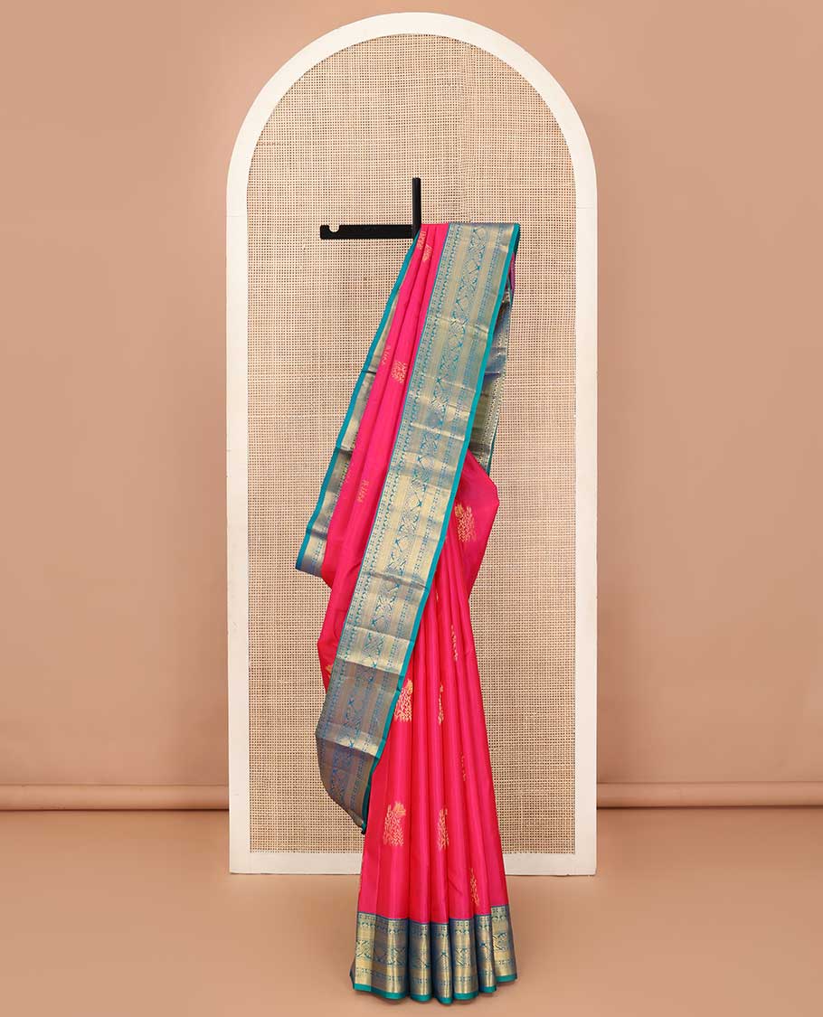 Pink zari buttas Vasundhara silk saree, contrast zari woven pallu, and border of kamalam,kuyil kann, thilakam mokku, and zari designs