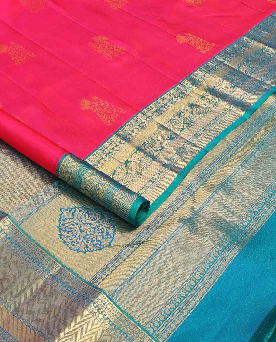 Pink zari buttas Vasundhara silk saree, contrast zari woven pallu, and border of kamalam,kuyil kann, thilakam mokku, and zari designs - Image 2