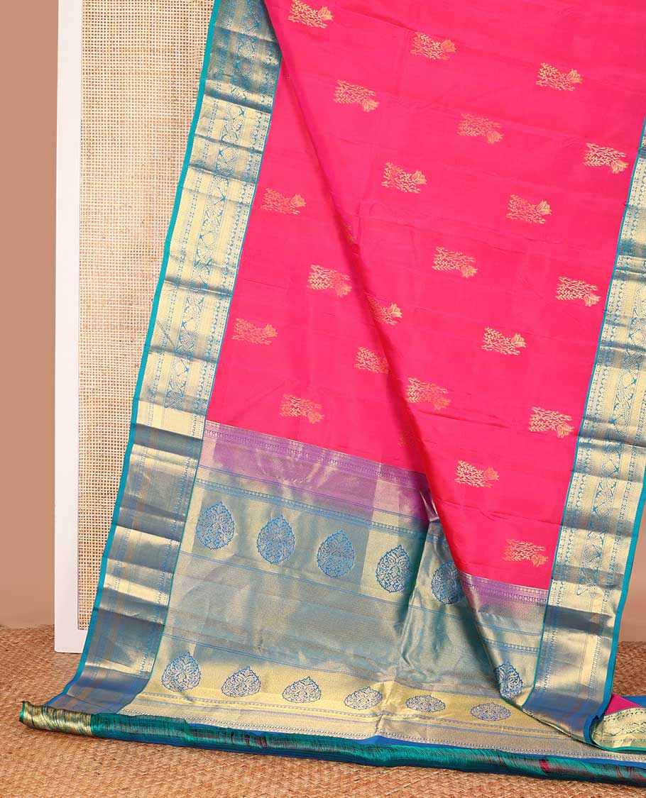 Pink zari buttas Vasundhara silk saree, contrast zari woven pallu, and border of kamalam,kuyil kann, thilakam mokku, and zari designs - Image 3