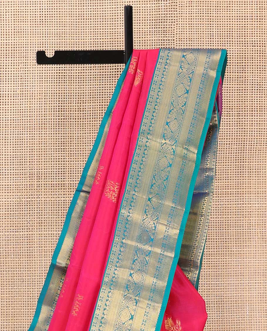 Pink zari buttas Vasundhara silk saree, contrast zari woven pallu, and border of kamalam,kuyil kann, thilakam mokku, and zari designs - Image 4