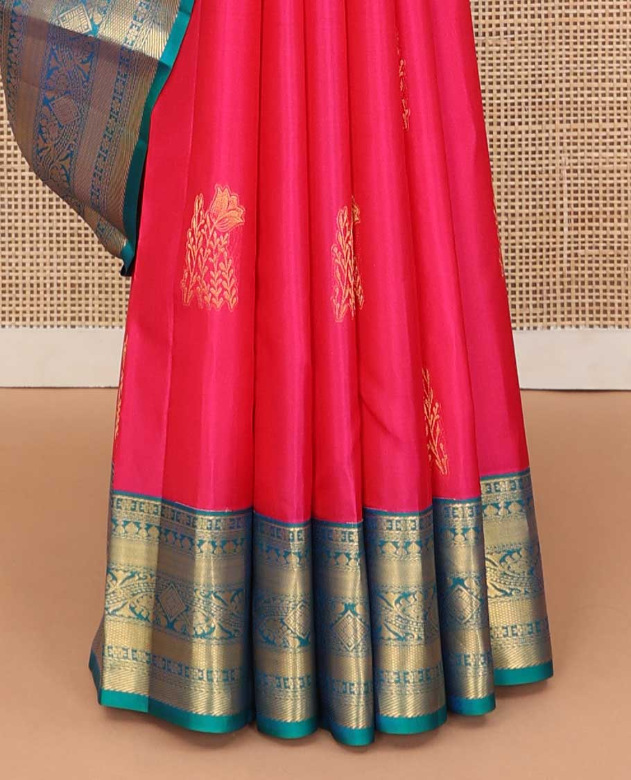 Pink zari buttas Vasundhara silk saree, contrast zari woven pallu, and border of kamalam,kuyil kann, thilakam mokku, and zari designs - Image 5