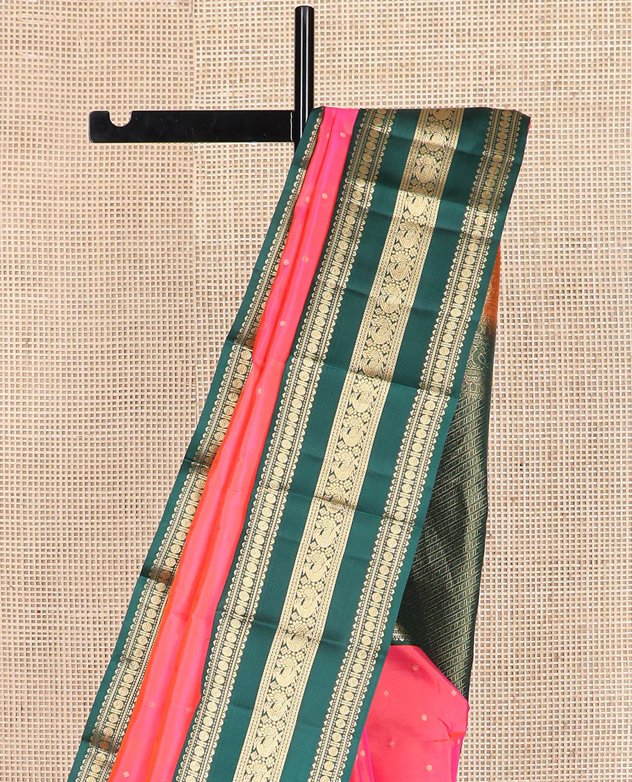 Pink zari buttas Vasundhara silk saree with contrast korvai varisai pettu border of rekku, muthu, banaras, rudraksham, neli, and mayil designs, and intricate pallu - Image 3