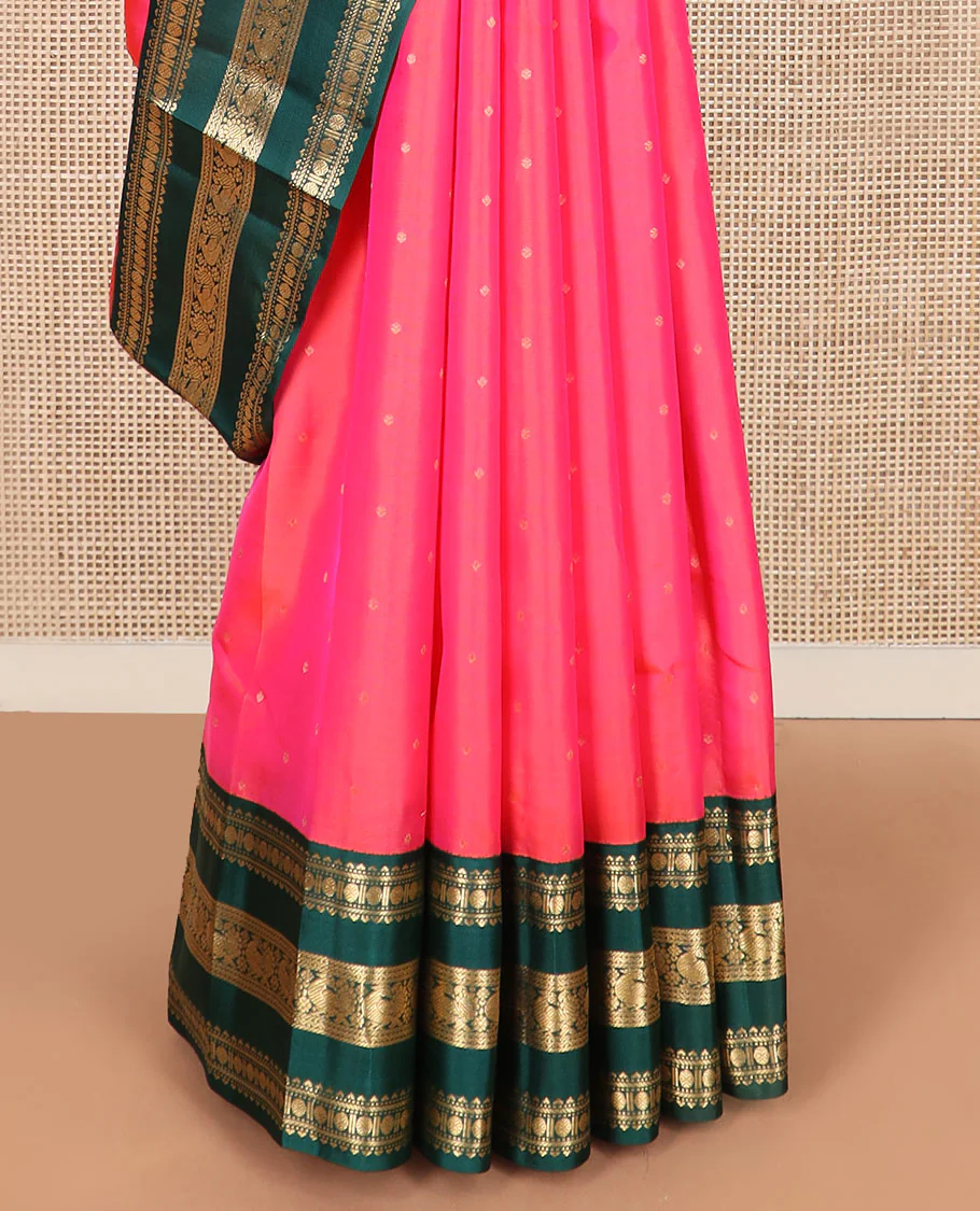 Pink zari buttas Vasundhara silk saree with contrast korvai varisai pettu border of rekku, muthu, banaras, rudraksham, neli, and mayil designs, and intricate pallu - Image 4