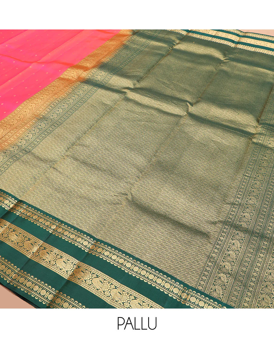 Pink zari buttas Vasundhara silk saree with contrast korvai varisai pettu border of rekku, muthu, banaras, rudraksham, neli, and mayil designs, and intricate pallu - Image 5