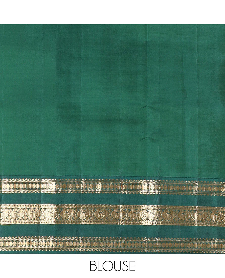 Pink zari buttas Vasundhara silk saree with contrast korvai varisai pettu border of rekku, muthu, banaras, rudraksham, neli, and mayil designs, and intricate pallu - Image 6