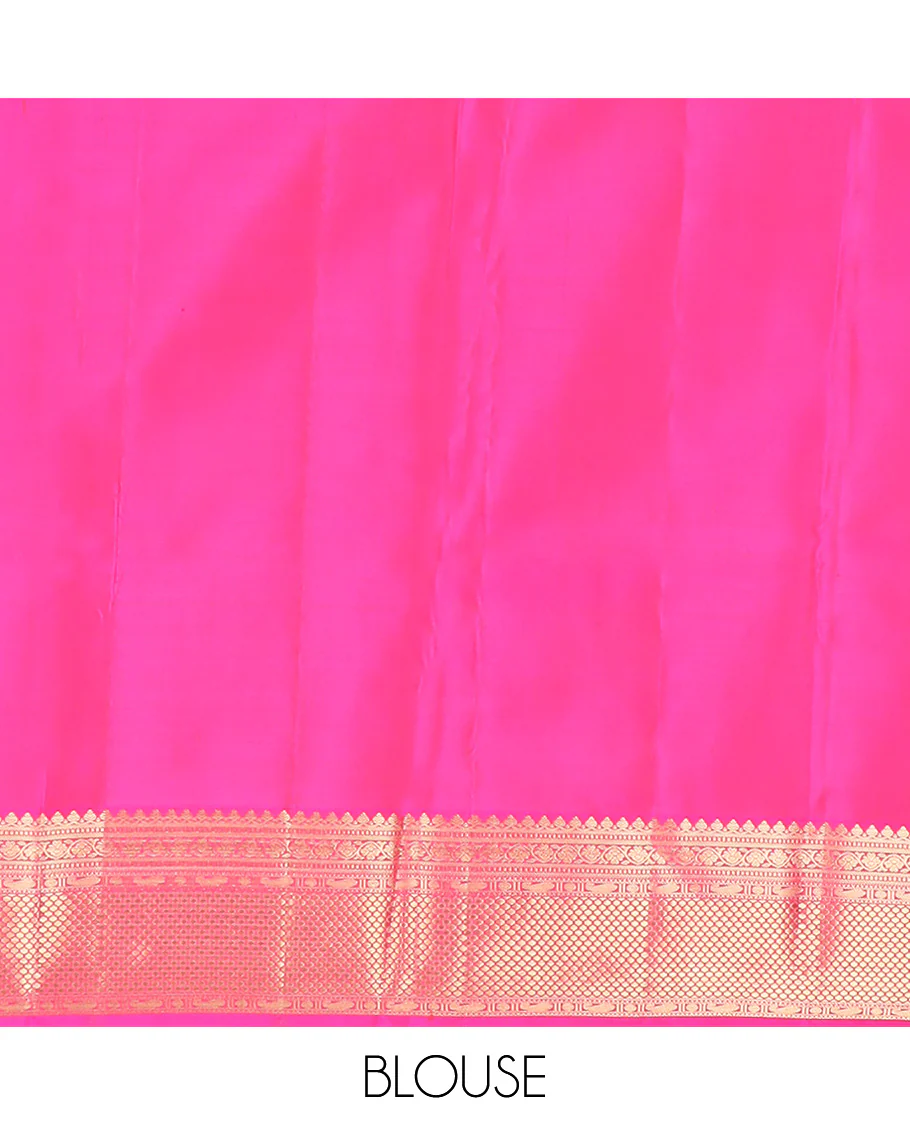 Pink zari buttas Vasundhara silk saree, zari border of thilakam mokku, muthu, kodi visiry, and then kuli kann designs, and traditional steeped pallu - Image 6