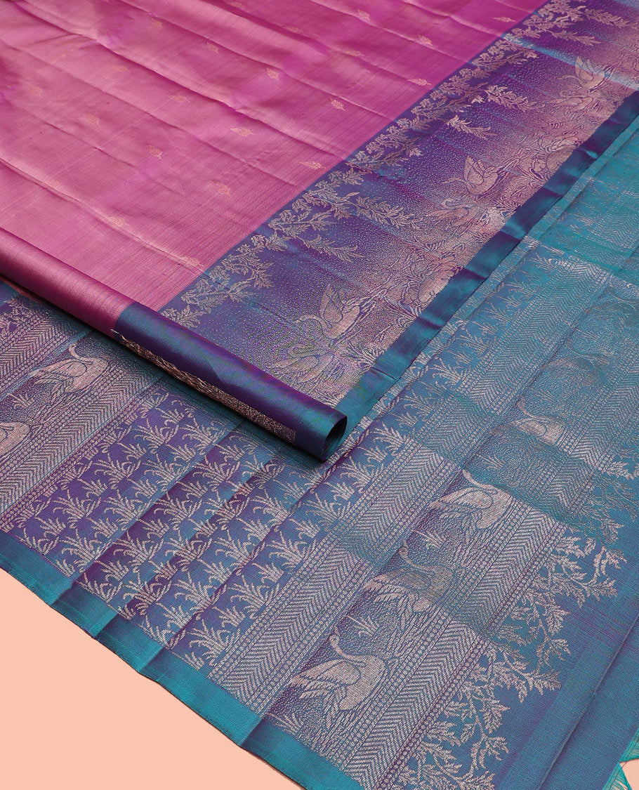 Pink zari buttas Mayuri soft silk saree, contrast pond-theme zari woven border of floral and swan motifs, and intricate pallu - Image 2