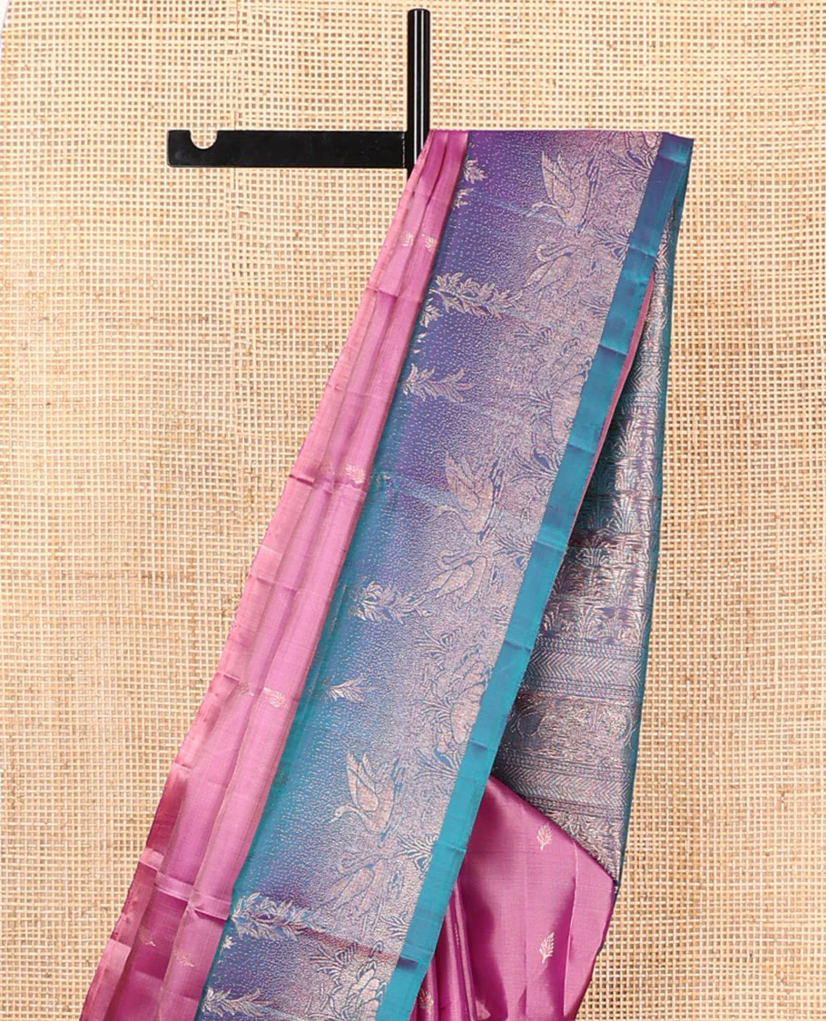 Pink zari buttas Mayuri soft silk saree, contrast pond-theme zari woven border of floral and swan motifs, and intricate pallu - Image 3