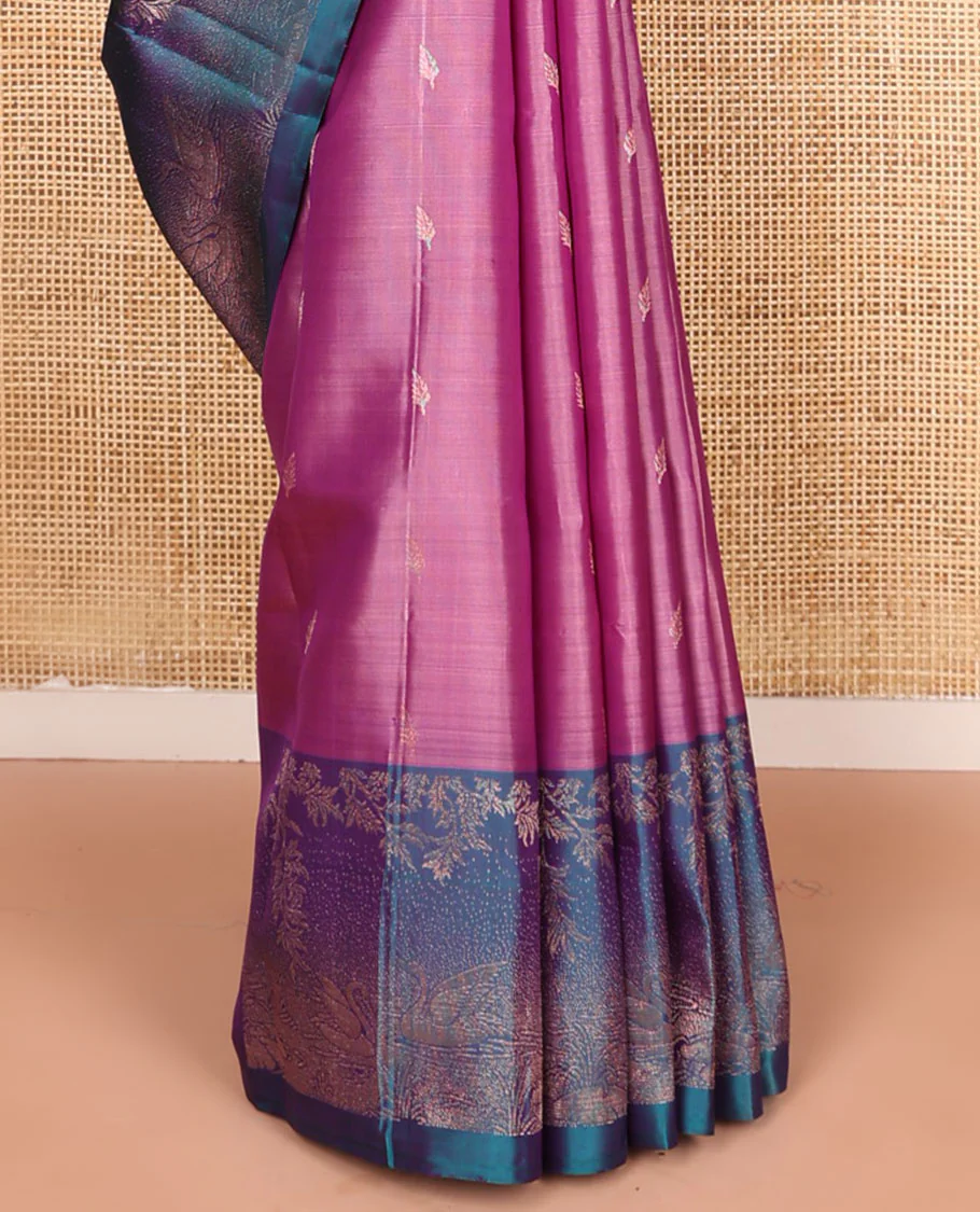 Pink zari buttas Mayuri soft silk saree, contrast pond-theme zari woven border of floral and swan motifs, and intricate pallu - Image 4