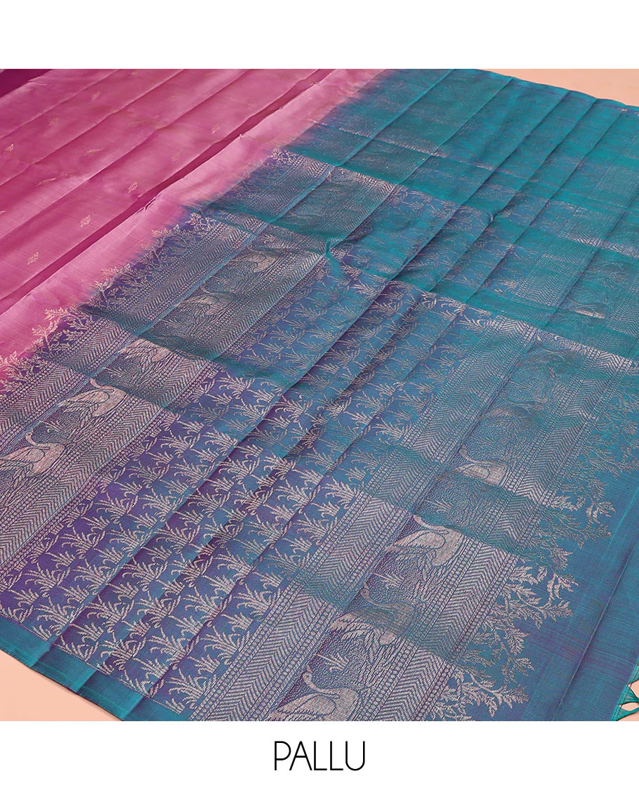 Pink zari buttas Mayuri soft silk saree, contrast pond-theme zari woven border of floral and swan motifs, and intricate pallu - Image 5