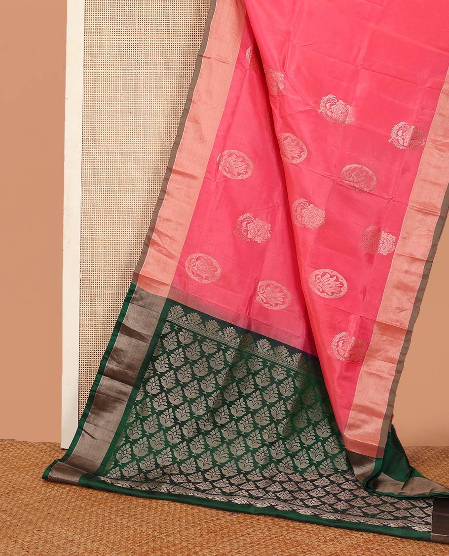 Pink zari buttas Uppada saree, bavanji border, and contrast intricate pallu - Image 2