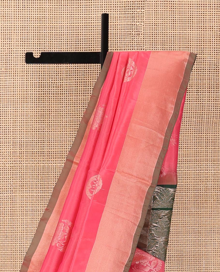 Pink zari buttas Uppada saree, bavanji border, and contrast intricate pallu - Image 3