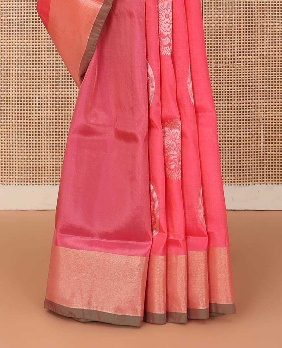 Pink zari buttas Uppada saree, bavanji border, and contrast intricate pallu - Image 4