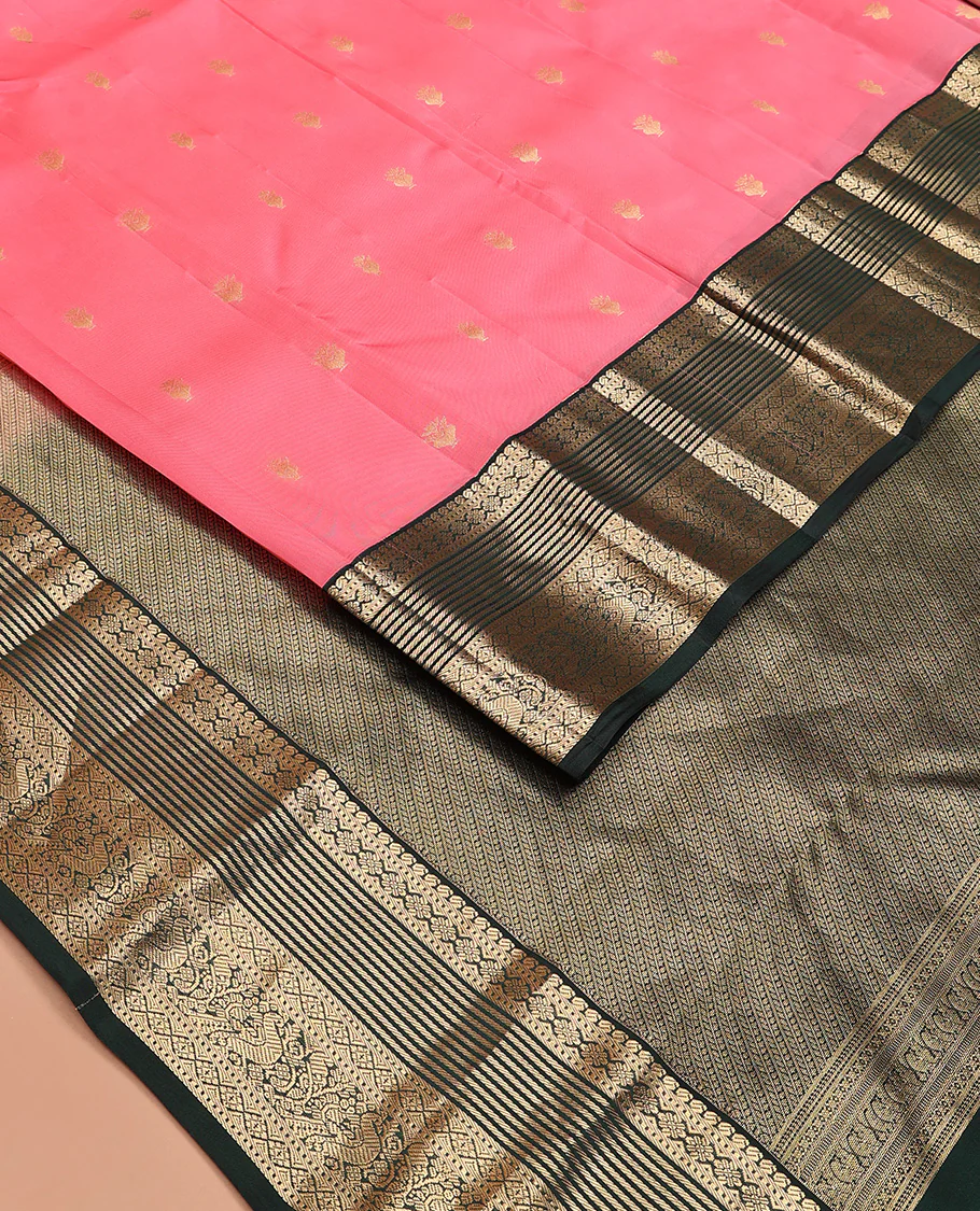 Pink zari buttas Vasundhara Lite Silk Mix Saree, contrast border of manga, muthu, kamalam, diamond, and mayil designs, and pallu of leaf vine - Image 2