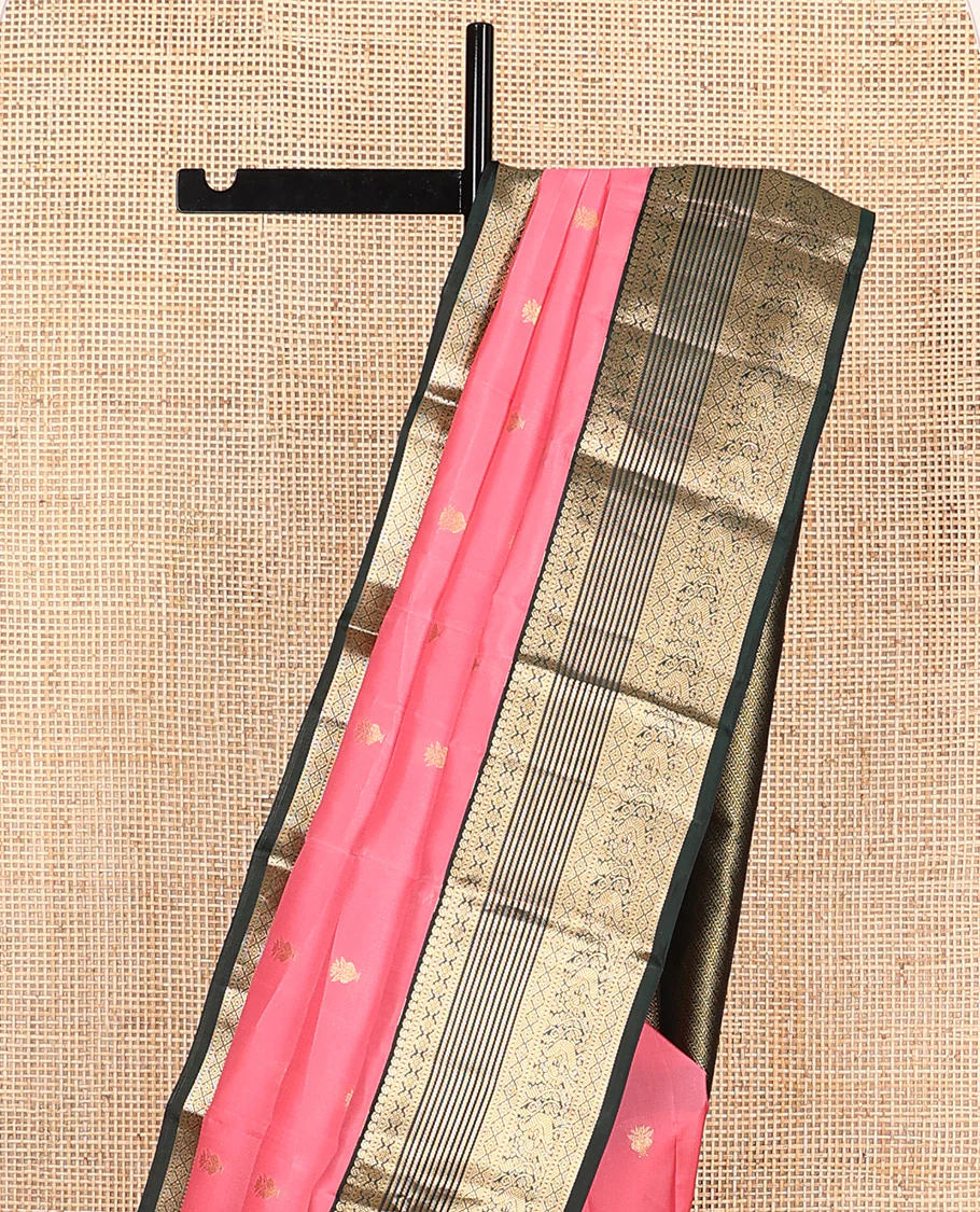 Pink zari buttas Vasundhara Lite Silk Mix Saree, contrast border of manga, muthu, kamalam, diamond, and mayil designs, and pallu of leaf vine - Image 3