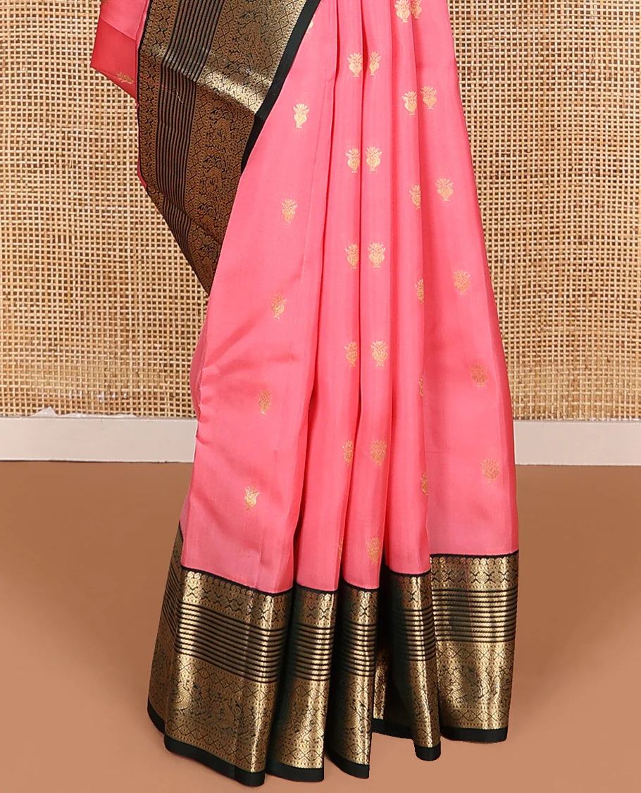 Pink zari buttas Vasundhara Lite Silk Mix Saree, contrast border of manga, muthu, kamalam, diamond, and mayil designs, and pallu of leaf vine - Image 4