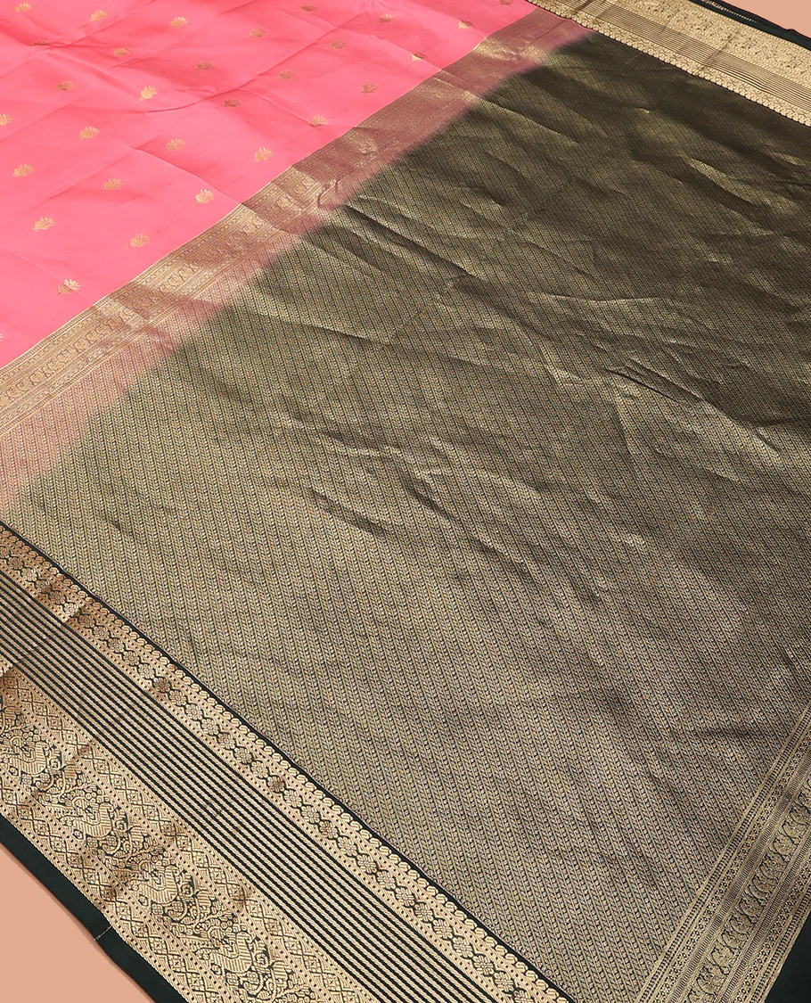 Pink zari buttas Vasundhara Lite Silk Mix Saree, contrast border of manga, muthu, kamalam, diamond, and mayil designs, and pallu of leaf vine - Image 5
